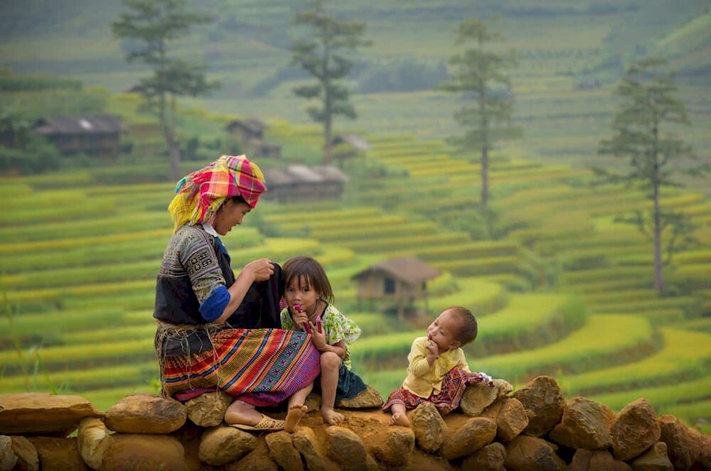 Local ethnic minority women in traditional attire working near the Muong Hoa Valley rice terraces, showcasing the rich cultural heritage of the region
